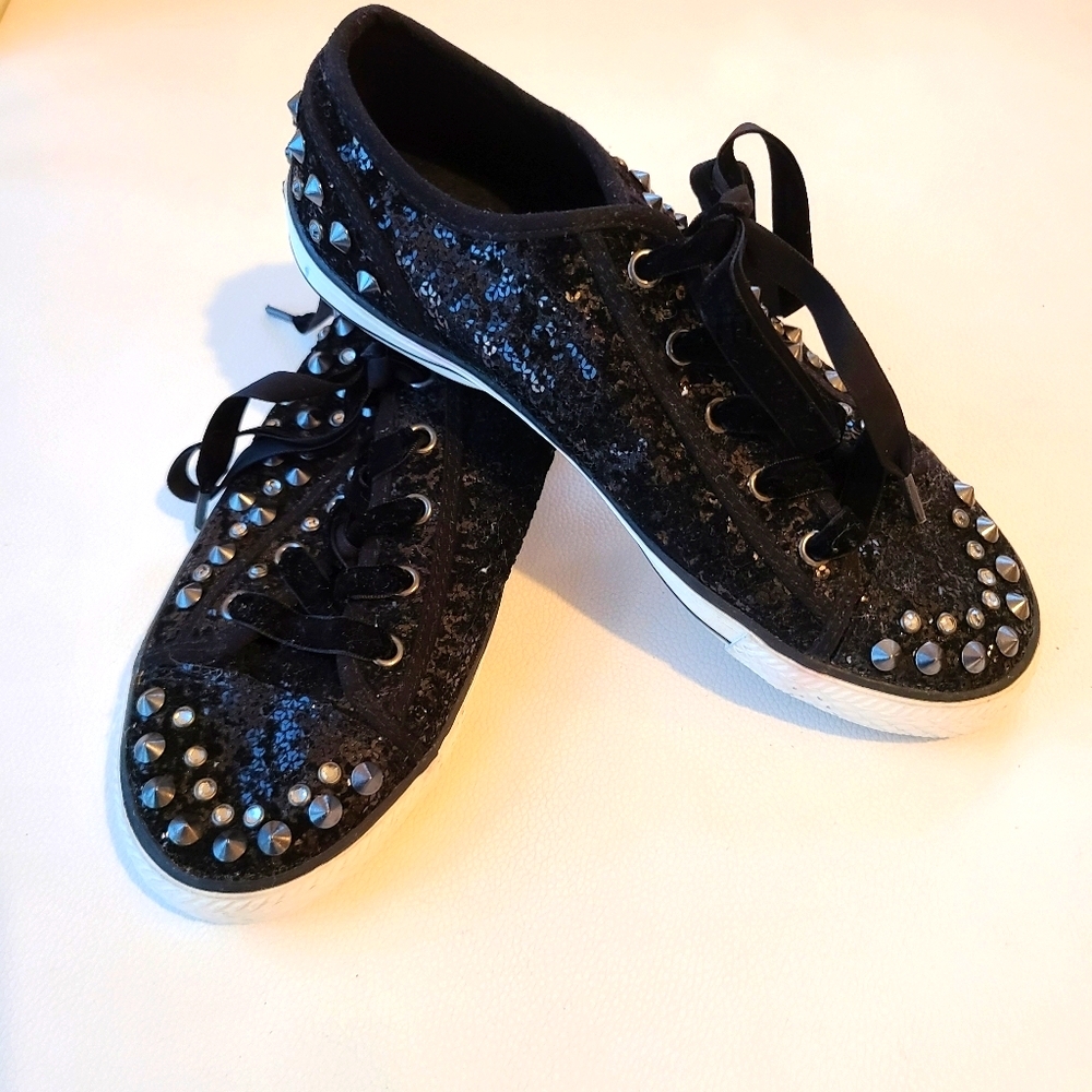 Ash black sequined and studded sneakers